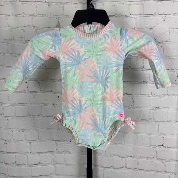 Ruffle Butts Pastel Palms One Piece Long Sleeve Swimsuit Size 18-24 Months - Picture 1 of 6
